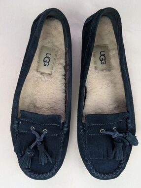 UGG Lizzy Navy Blue Suede Shearling Moccasin Slippers Women’s 7